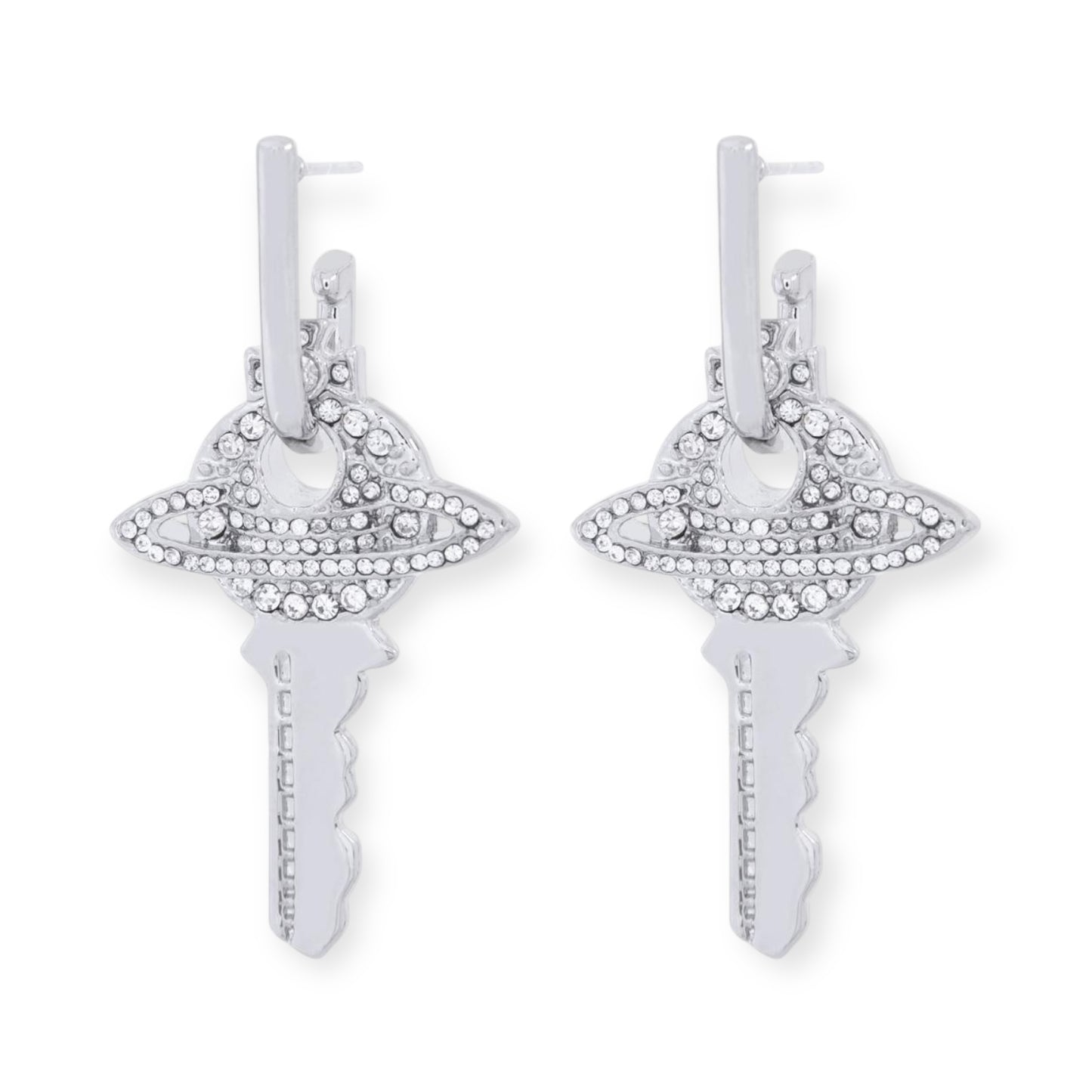 Key Pendant Silver Gem Studded Earrings Gold & Silver (2 Colors)