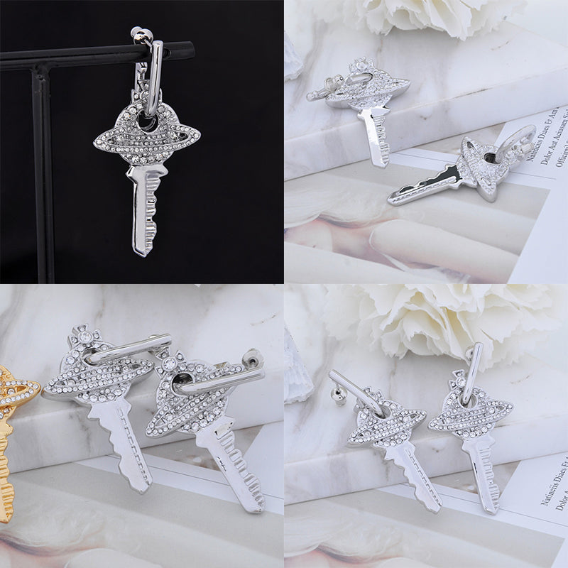 Key Pendant Silver Gem Studded Earrings Gold & Silver (2 Colors)