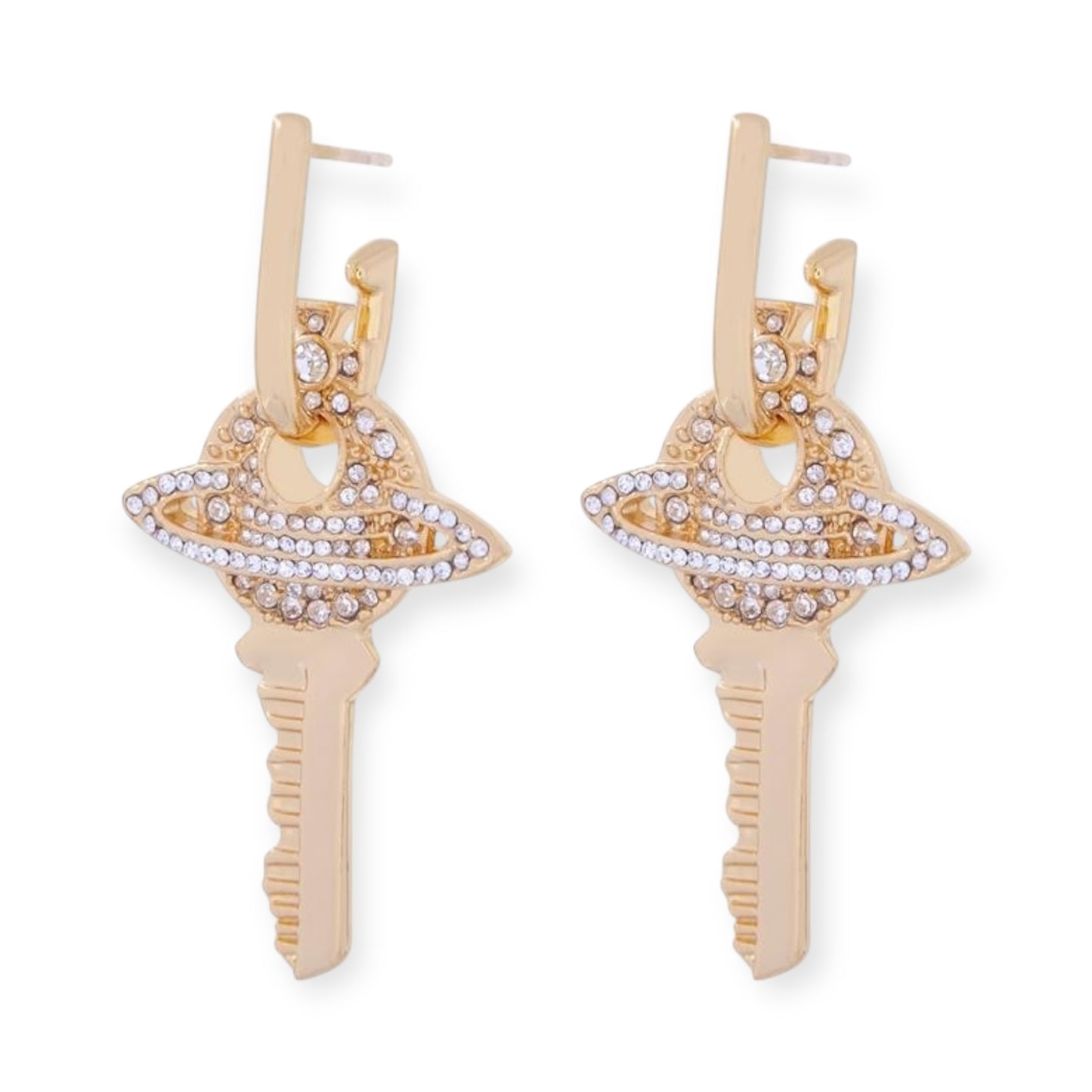 Key Pendant Silver Gem Studded Earrings Gold & Silver (2 Colors)