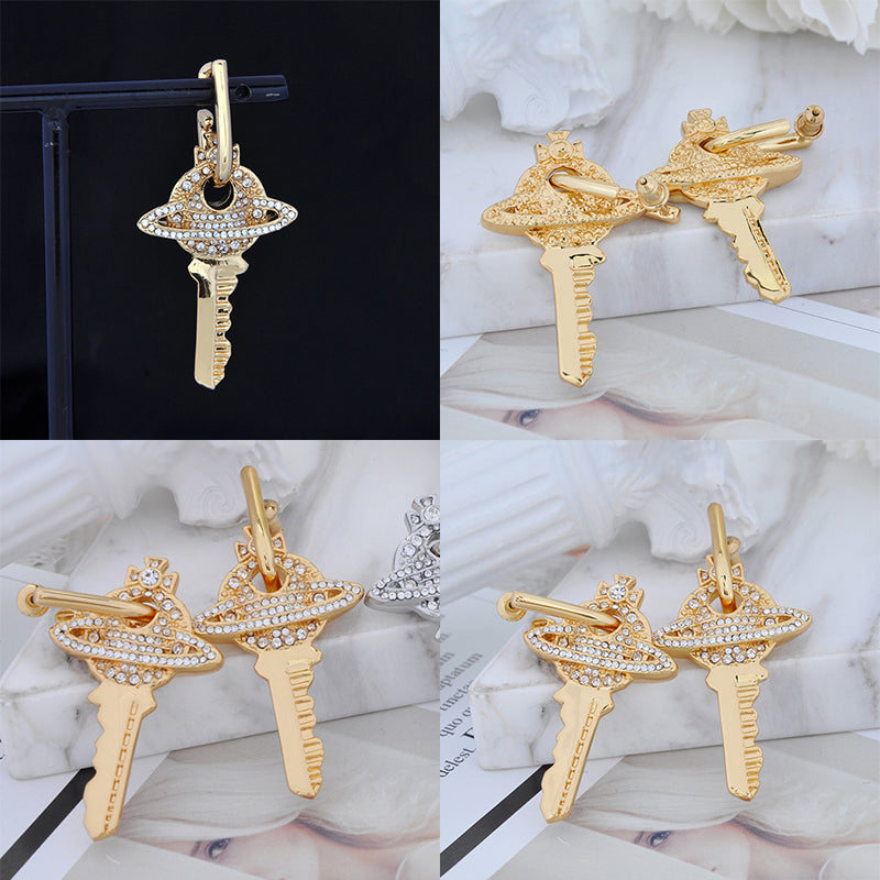 Key Pendant Silver Gem Studded Earrings Gold & Silver (2 Colors)