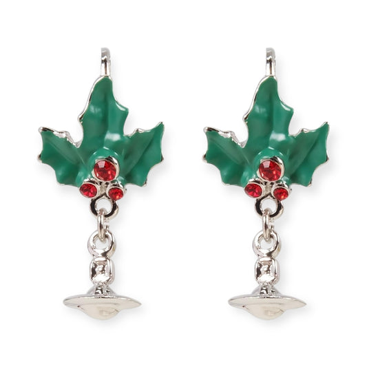 Christmas Holiday Mistletoe Silver Orb Pendant Earrings