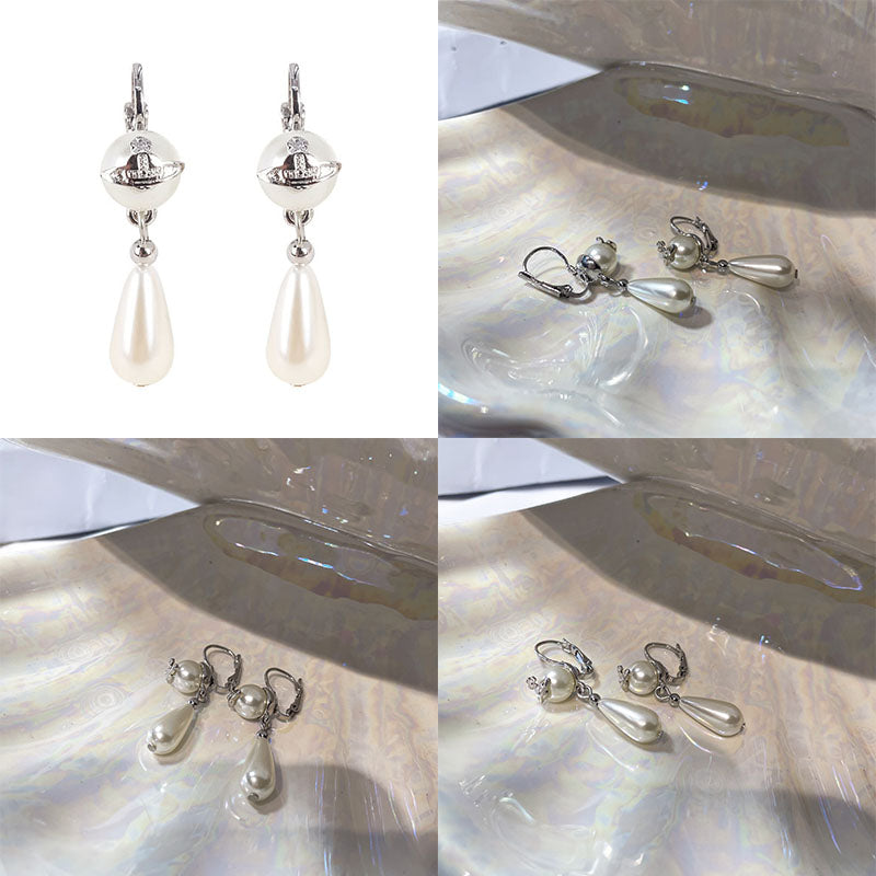 Silver Orb Pendant Ball Hanging Pearl Tear Drop Earrings (2 Colors)