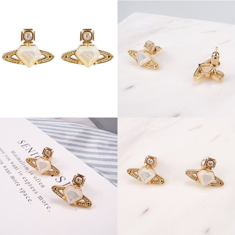 Mini Diamond Pentagon Heart Shaped Orb Pendant Studded Earrings (3 Colors)