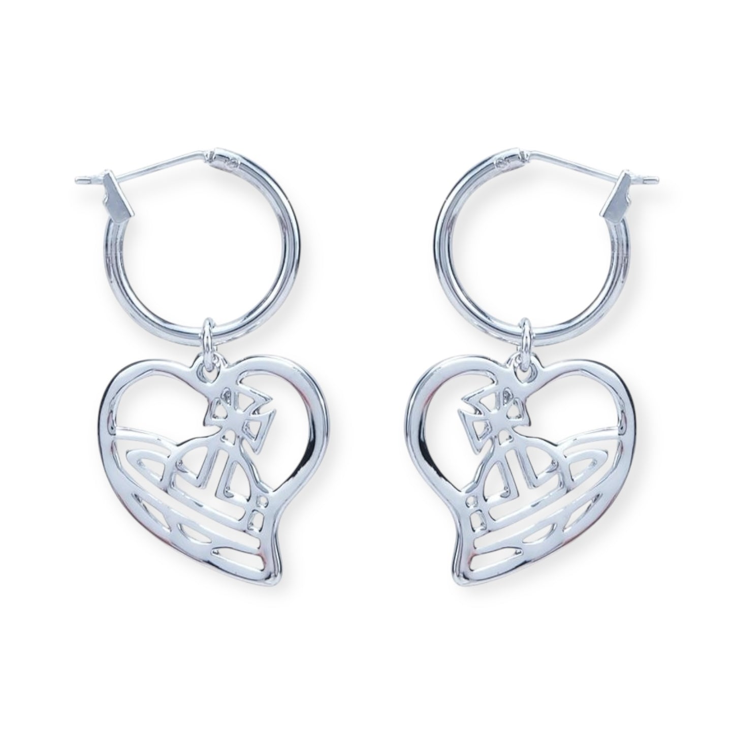 Silver Heart Outline Orb Design Hoop Earrings