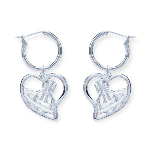Silver Heart Outline Orb Design Hoop Earrings