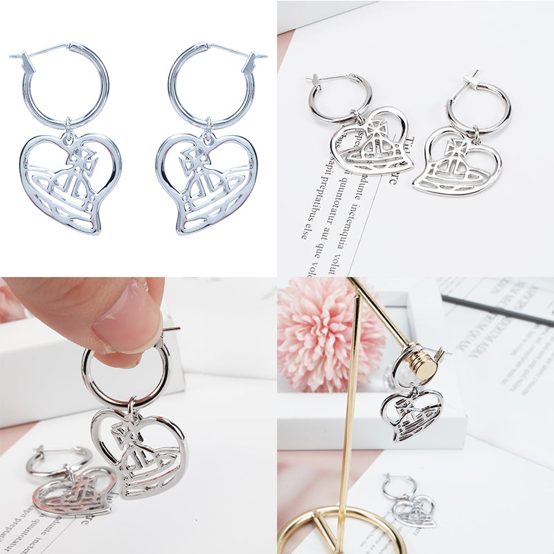 Silver Heart Outline Orb Design Hoop Earrings