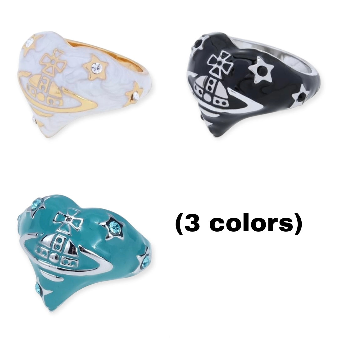 Heart Shape Asymmetrical Star Gem Studded Orb Engraved Ring (3 Colors)