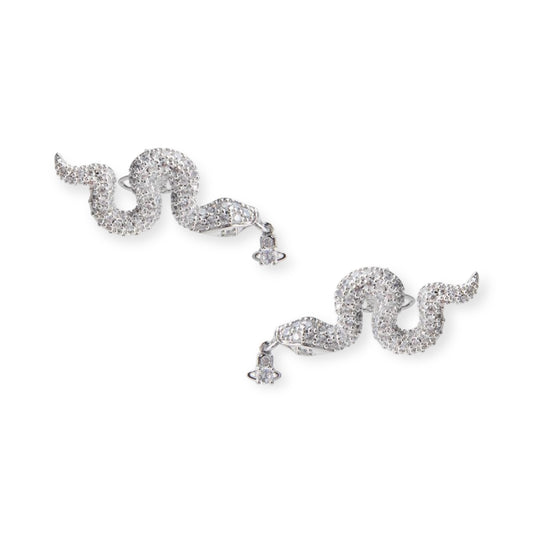 Snake Silver Gem Studded Pendant Orb Earrings