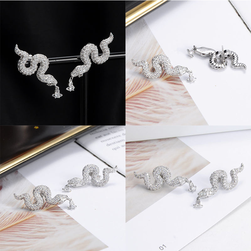 Snake Silver Gem Studded Pendant Orb Earrings