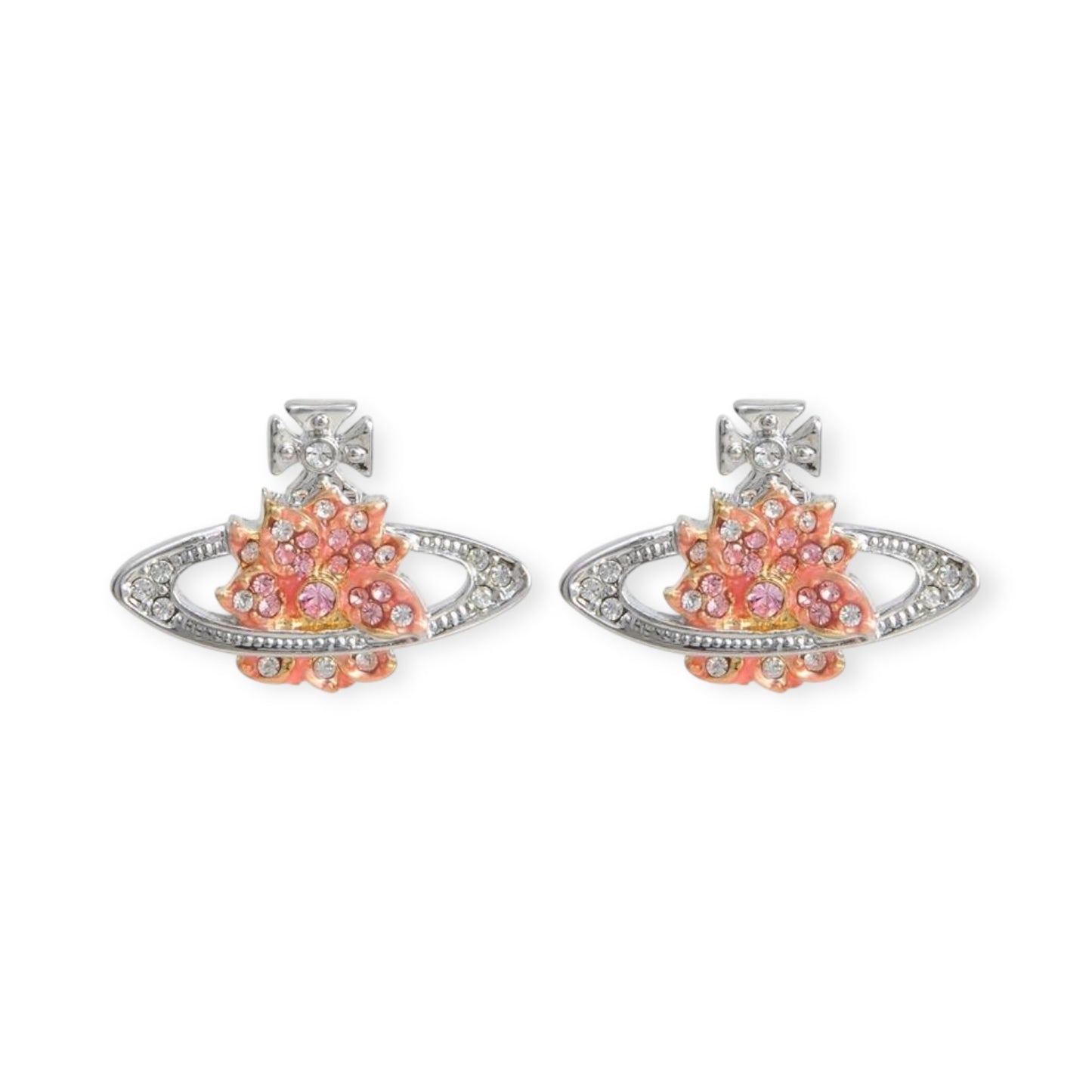 Lotus Flower Design Crystal Pendant Earrings Orange & Silver (2 Colors)