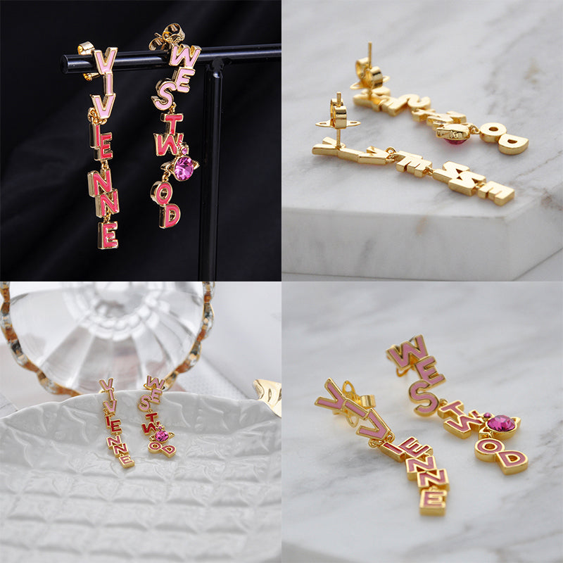 Multi Gem Dangling Spellout Text Orb Earrings (5 Colors)