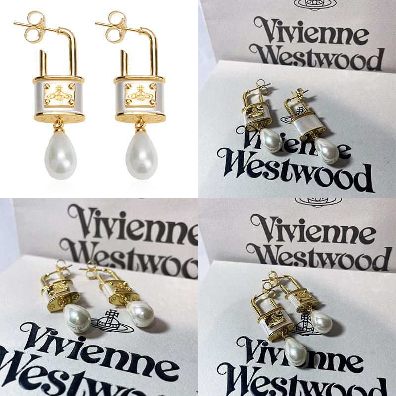 Rens Lock Locket Padlock Pendant Pearl Drop Earrings (4 Colors)