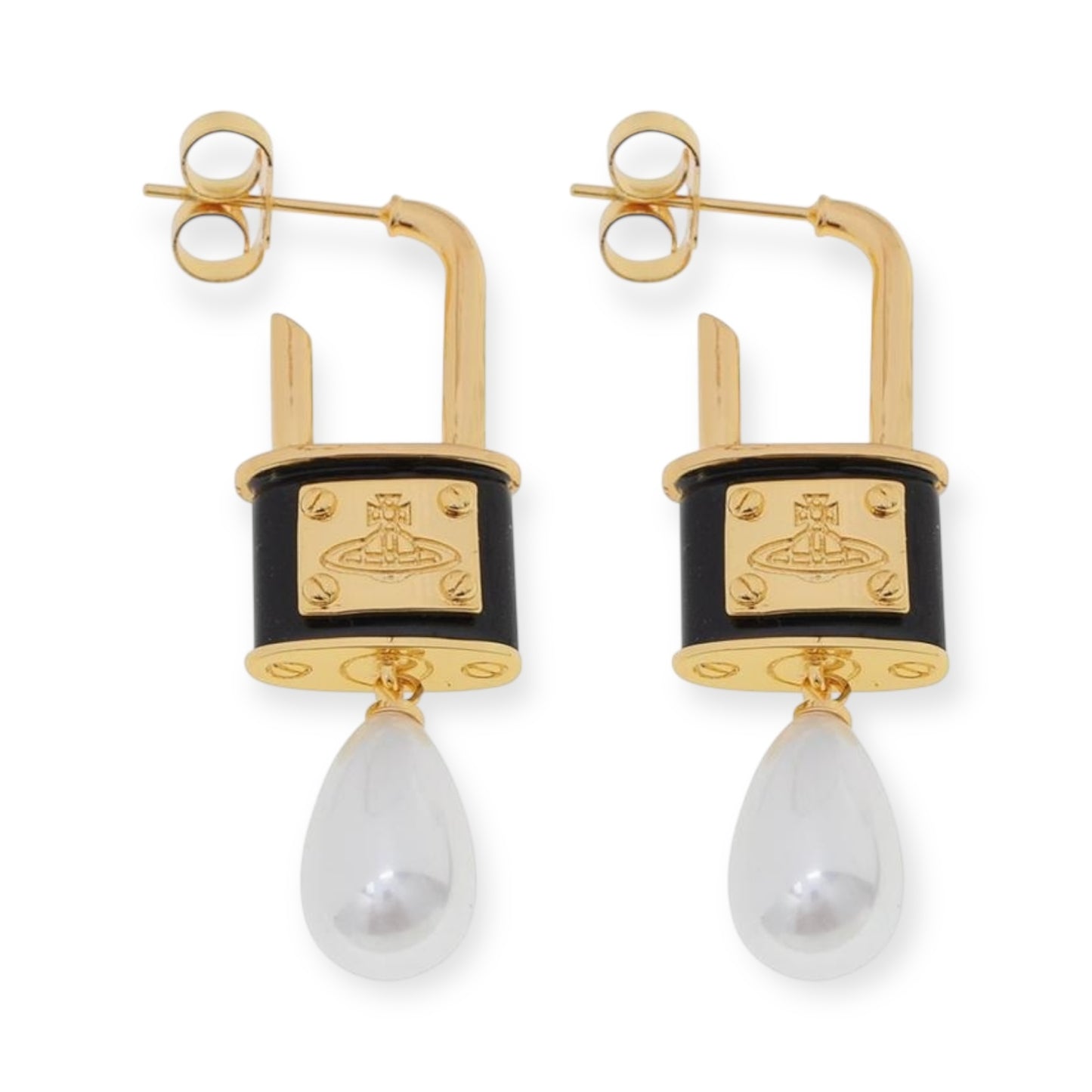 Rens Lock Locket Padlock Pendant Pearl Drop Earrings (4 Colors)