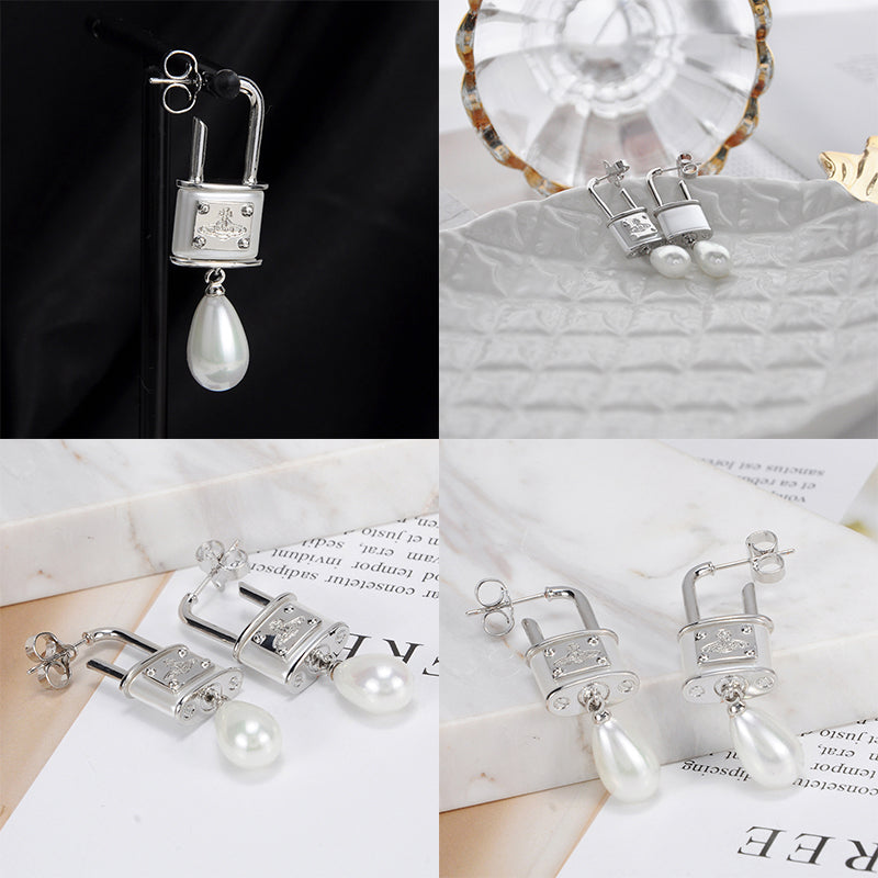 Rens Lock Locket Padlock Pendant Pearl Drop Earrings (4 Colors)