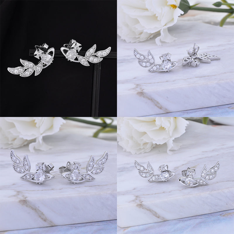 Flower Studded Leaves Wings Mini Gem Orb Pendant Earrings (4 Colors)