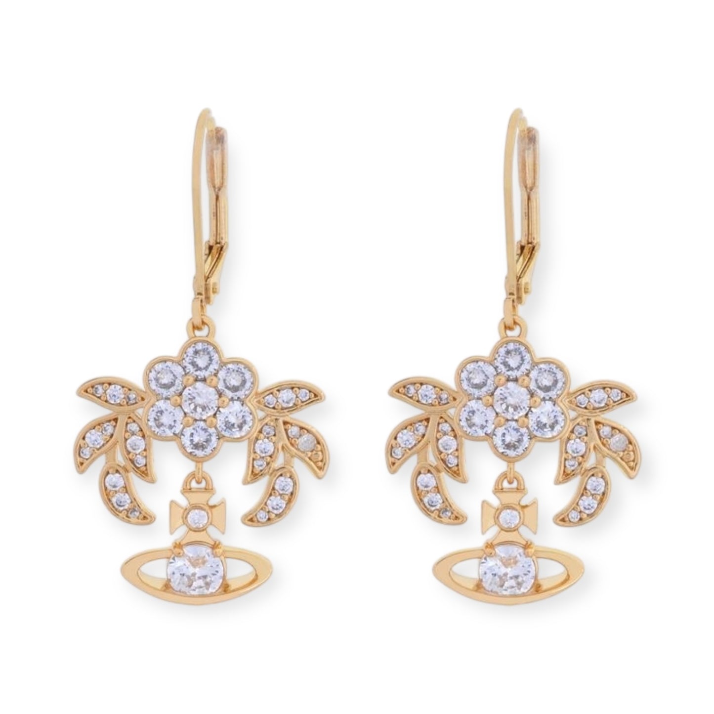 Flower Studded Leaves Mini Gem Orb Hanging Pendant Earrings (4 Colors)