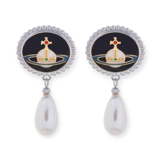 Pebble Engraved Orb Pendant Hanging Silver Pearl Drop Earrings (5 Colors)