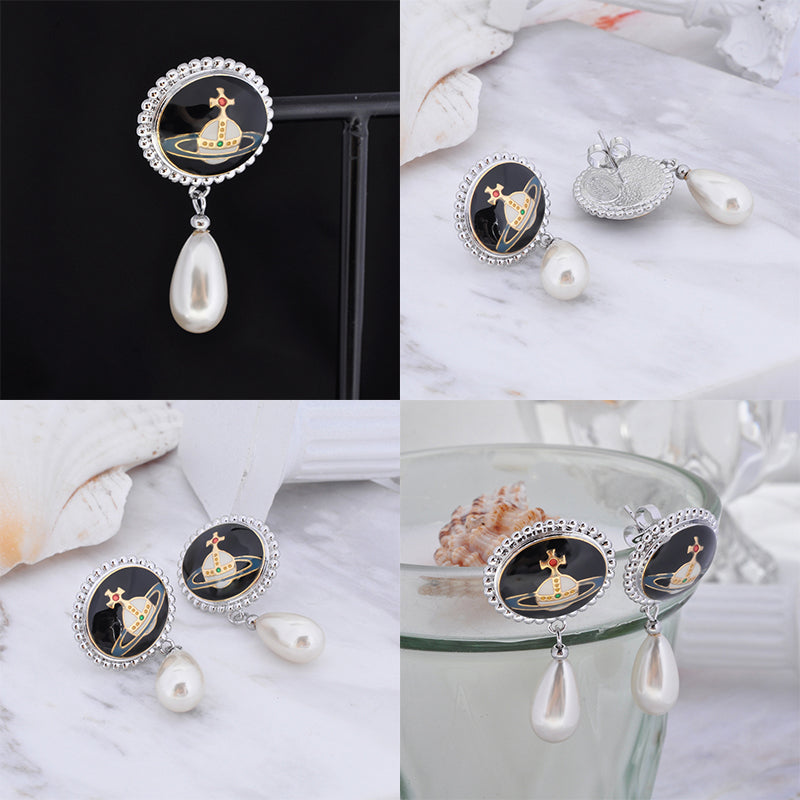 Pebble Engraved Orb Pendant Hanging Silver Pearl Drop Earrings (5 Colors)