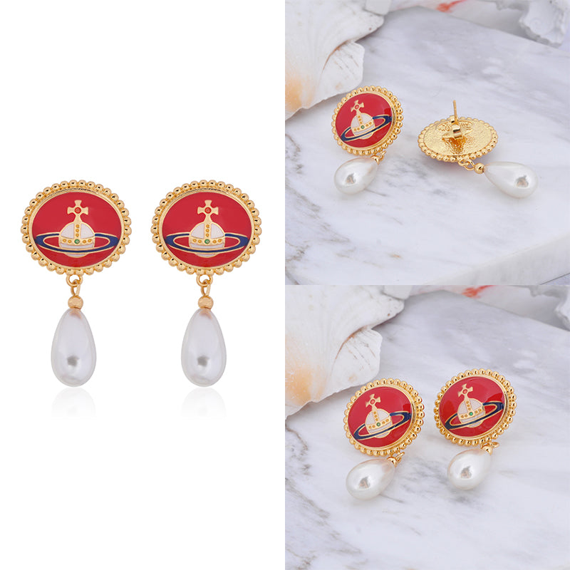 Pebble Engraved Orb Pendant Hanging Silver Pearl Drop Earrings (5 Colors)