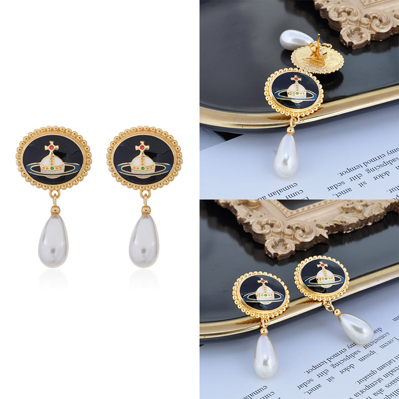 Pebble Engraved Orb Pendant Hanging Silver Pearl Drop Earrings (5 Colors)