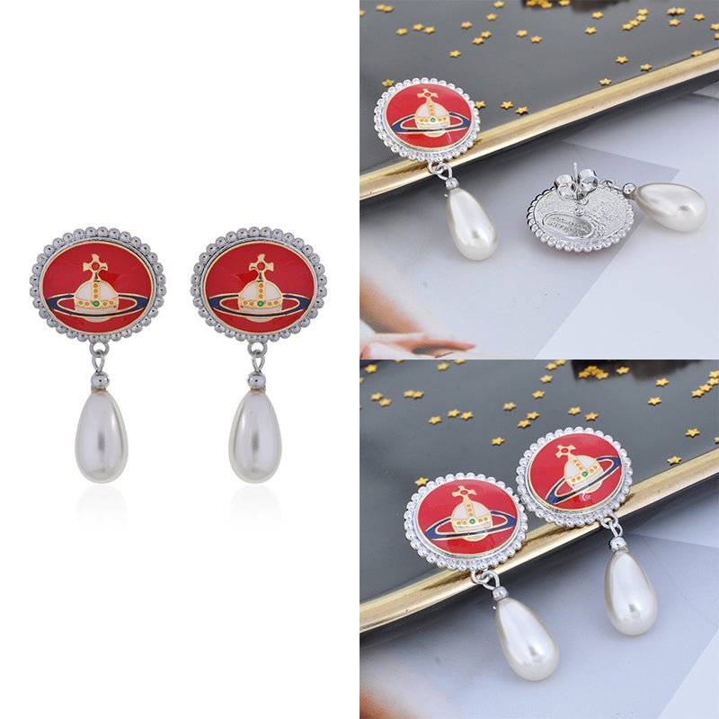 Pebble Engraved Orb Pendant Hanging Silver Pearl Drop Earrings (5 Colors)
