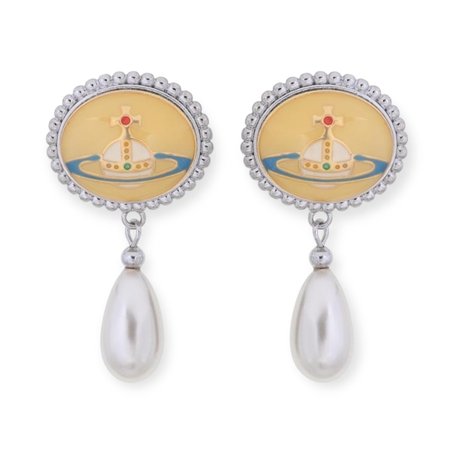 Pebble Engraved Orb Pendant Hanging Silver Pearl Drop Earrings (5 Colors)