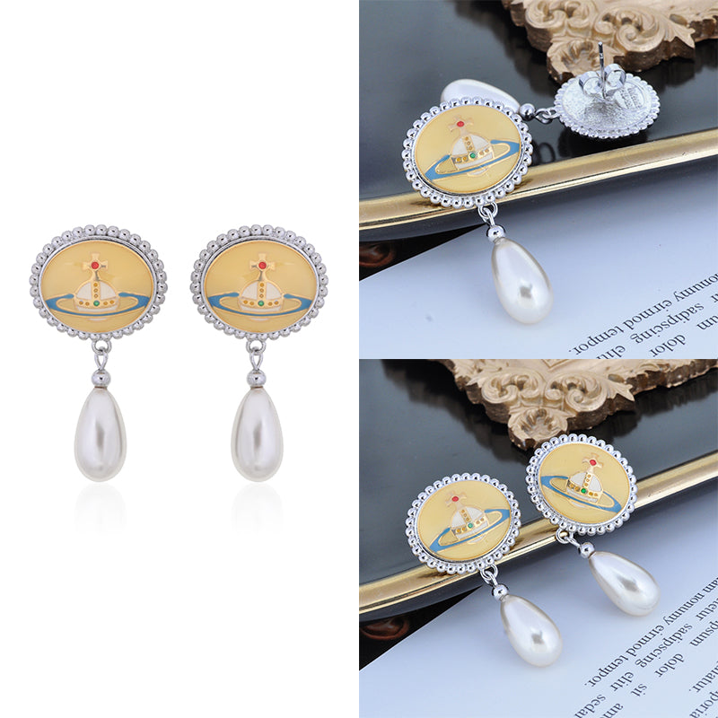 Pebble Engraved Orb Pendant Hanging Silver Pearl Drop Earrings (5 Colors)