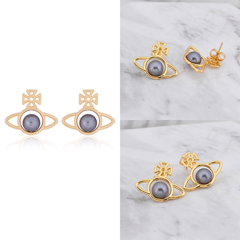 Outline Orb Design Middle Pearl Pendant Earrings (5 Colors)