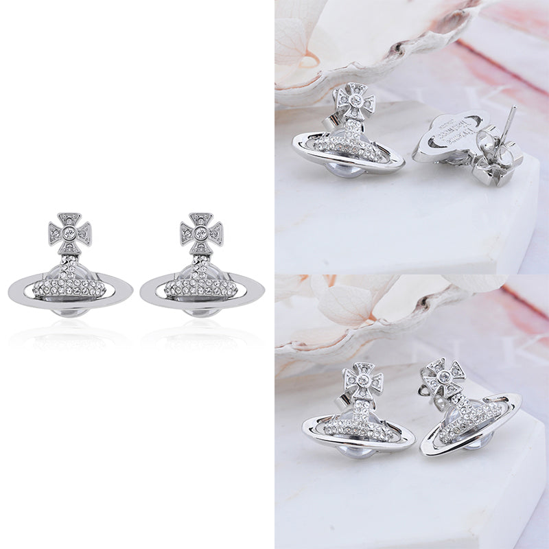 2D Gem Studded Clear Orb Pendant Earrings Gold & Silver (2 Colors)