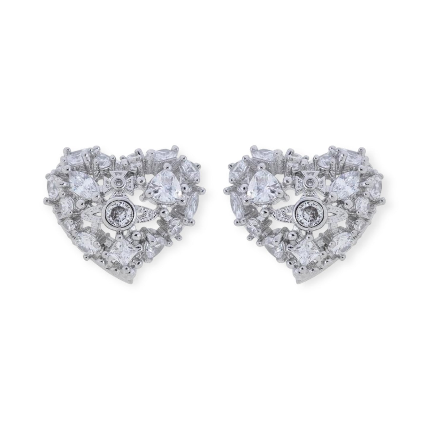 Rhinestone Abstract Heart Design Orb Silver Pendant Earrings