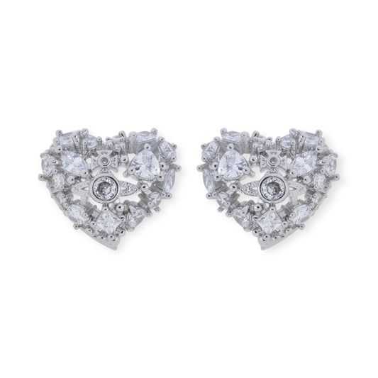 Rhinestone Abstract Heart Design Orb Silver Pendant Earrings