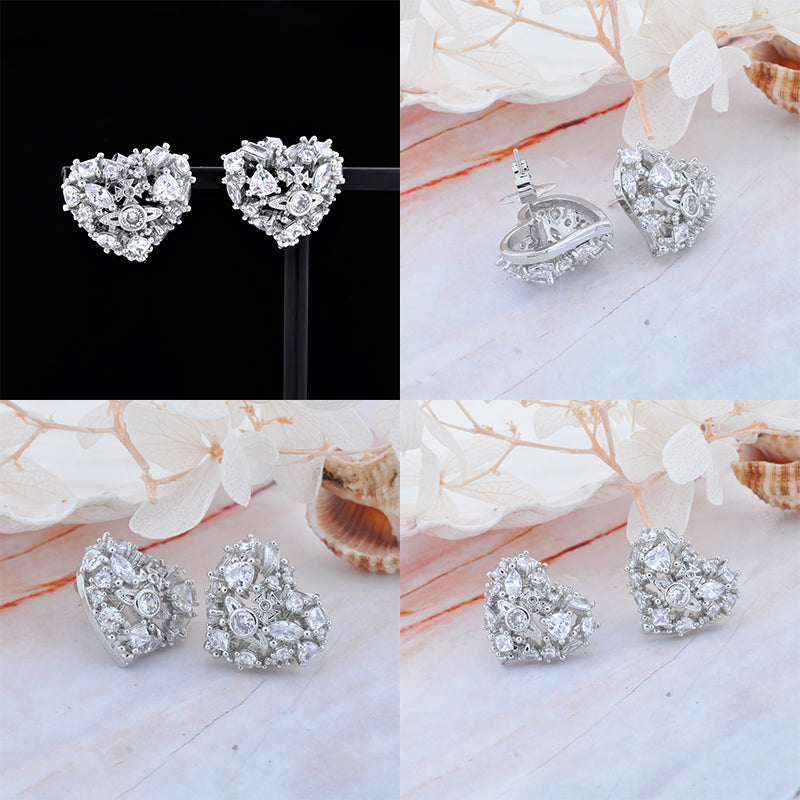 Rhinestone Abstract Heart Design Orb Silver Pendant Earrings