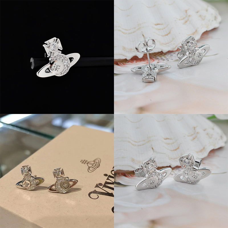 Gem Studded Crescent Moon Stars Display Orb Pendant Gold & Silver Earrings (2 Colors)