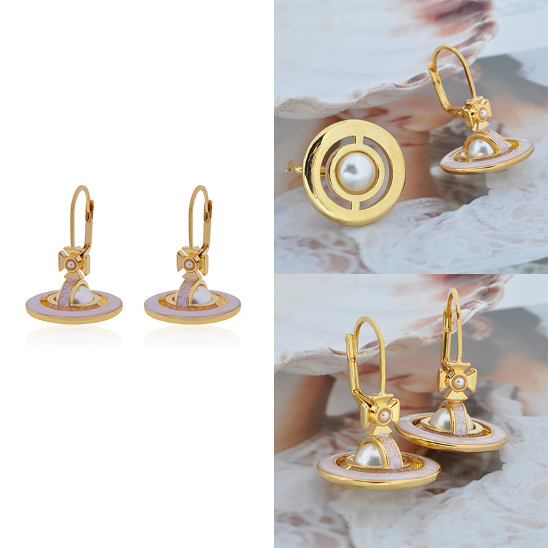 Mini Pearl Orb Hanging Pendant Colored Striped Rim Design Earrings (6 Colors)