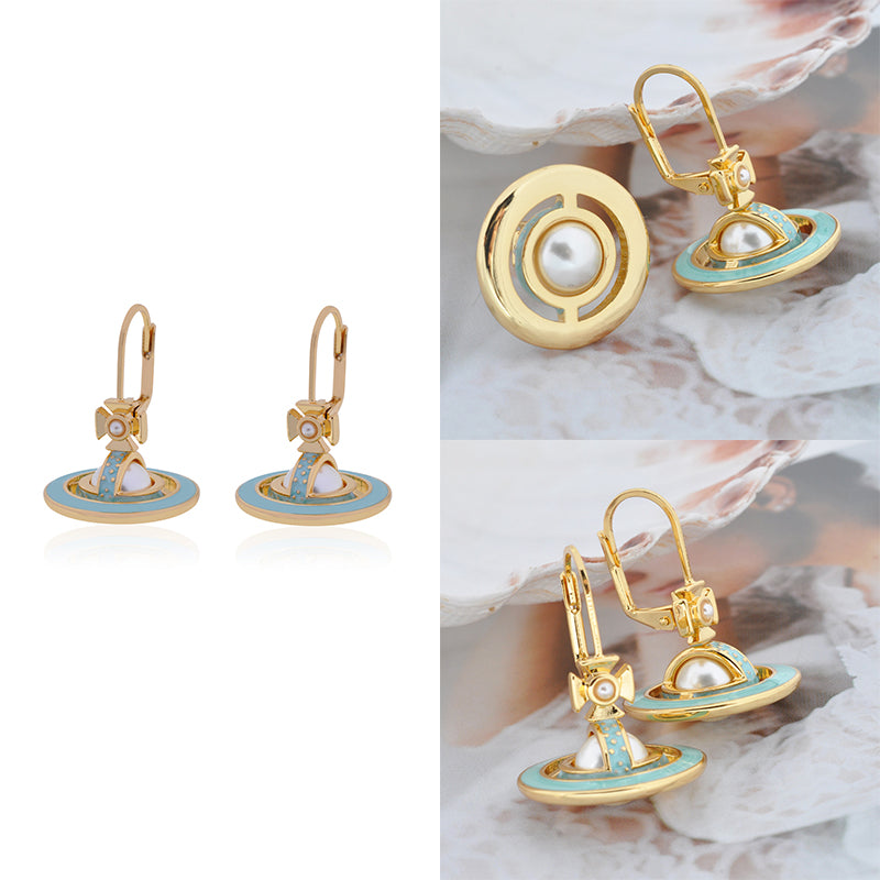 Mini Pearl Orb Hanging Pendant Colored Striped Rim Design Earrings (6 Colors)