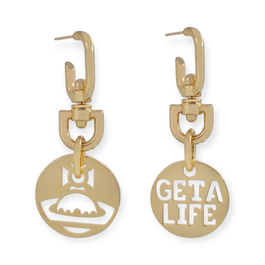 Double Cutout Orb Design & "GET A LIFE" Text Pendant Gold & Silver Earrings (2 Colors)