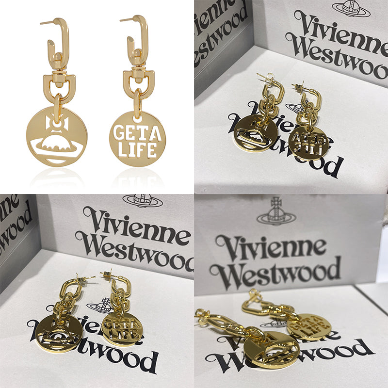 Double Cutout Orb Design & "GET A LIFE" Text Pendant Gold & Silver Earrings (2 Colors)