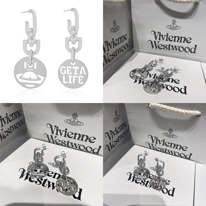 Double Cutout Orb Design & "GET A LIFE" Text Pendant Gold & Silver Earrings (2 Colors)