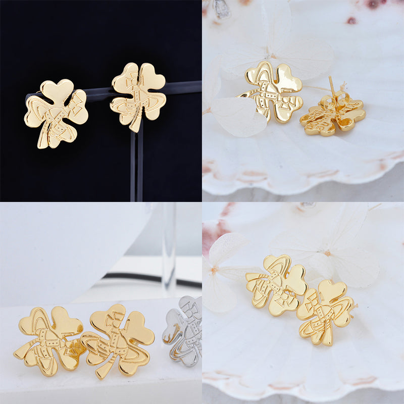 Clover Staple Engraved Orb Pendant Gold & Silver Stud Earrings (2 Colors)