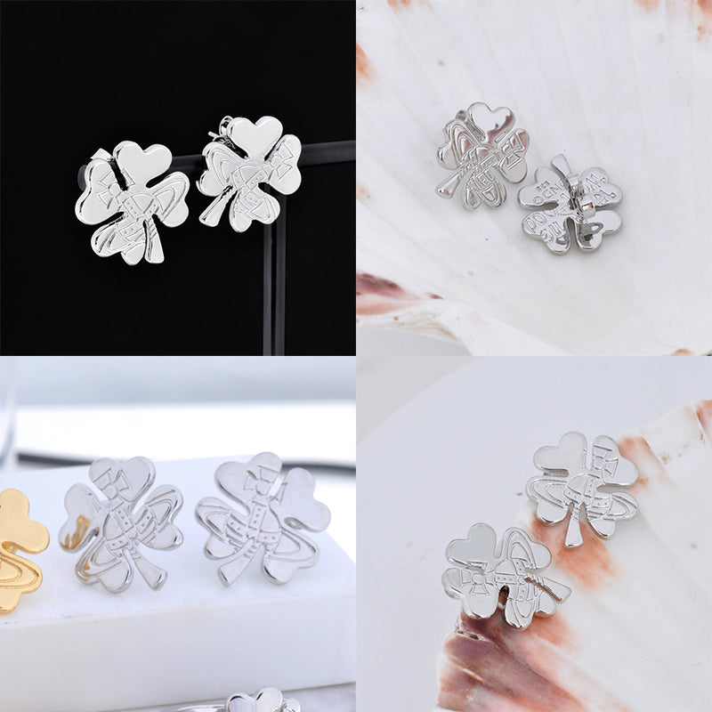 Clover Staple Engraved Orb Pendant Gold & Silver Stud Earrings (2 Colors)