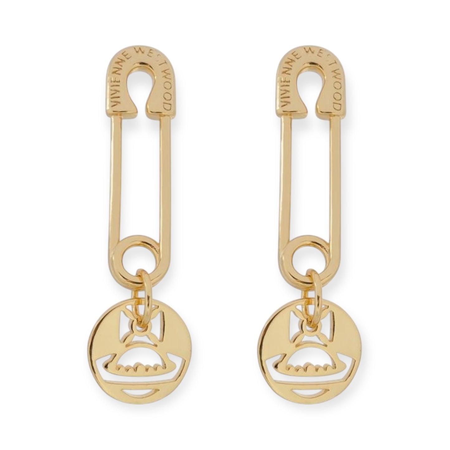 Safety Pin Hanging Cutout Orb Design Pendant Gold & Silver Stud Earrings (2 Colors)