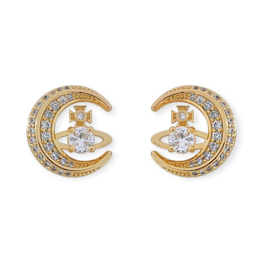 Gem Studded Crescent Moon Orb Pendant Gold & Silver Stud Earrings (2 Colors)