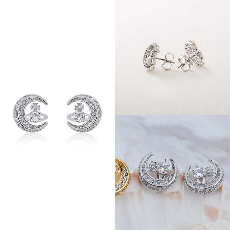 Gem Studded Crescent Moon Orb Pendant Gold & Silver Stud Earrings (2 Colors)