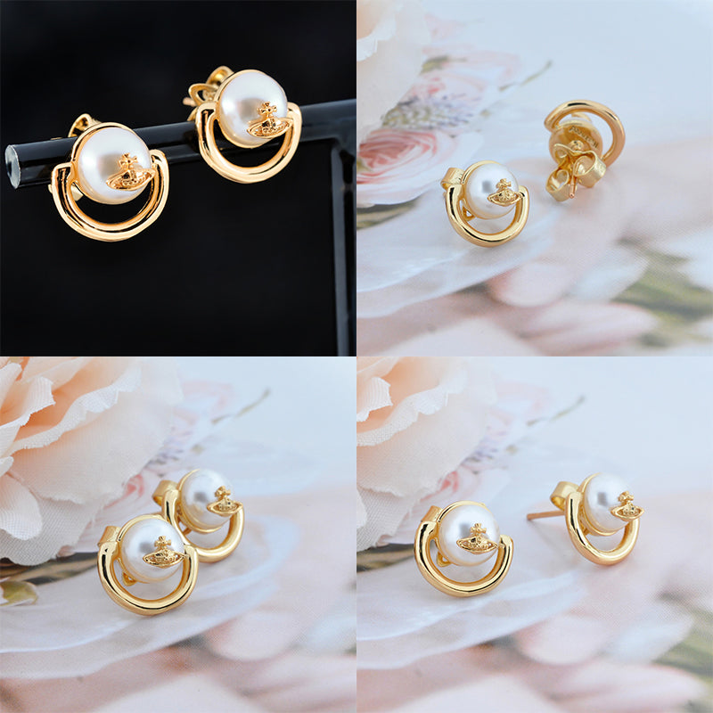 Pierced Pearl Orb Design Necklace Gold & Silver Stud Earrings (2 Colors)