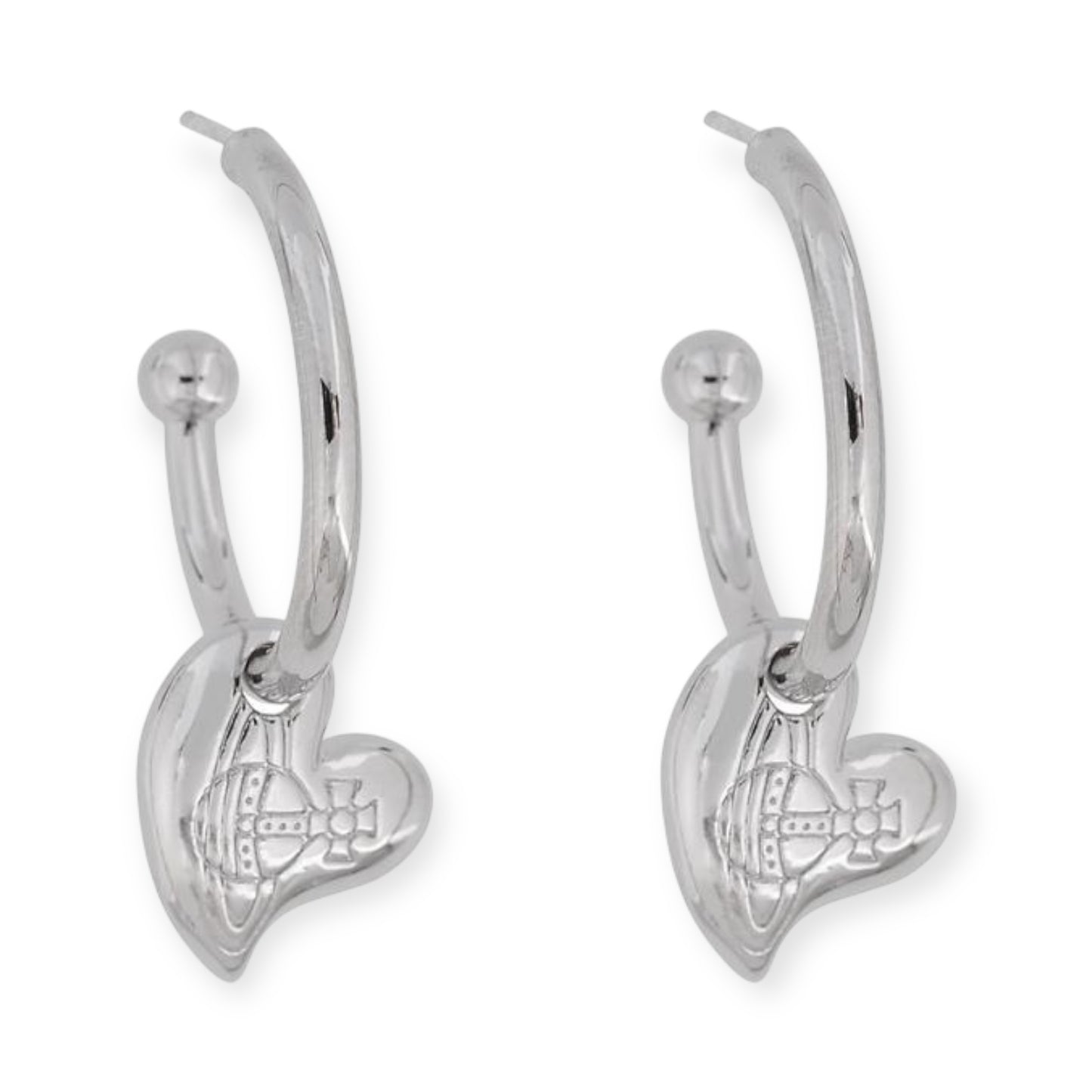 Mini Orb Engraved Hanging Heart Design Pendant Gold & Silver Hooped Earrings (2 Colors)