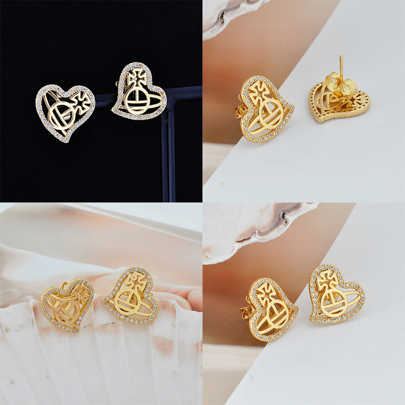 Gem Studded Heart Shaped Orb Cutout Design Pendant Gold & Silver Stud Earrings (2 Colors)