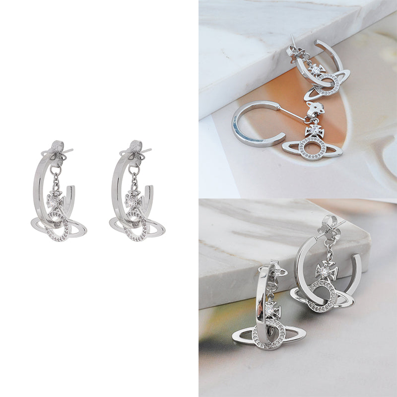 Mini Hanging Gem Studded Orb Pendant Inverted Loop Design Gold & Silver Stud Earrings (2 Colors)