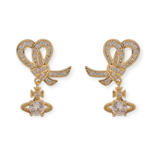 Gem Studded Bow Ribbon Mini Orb Hanging Pendant Gold & Silver Stud Earrings (2 Colors)