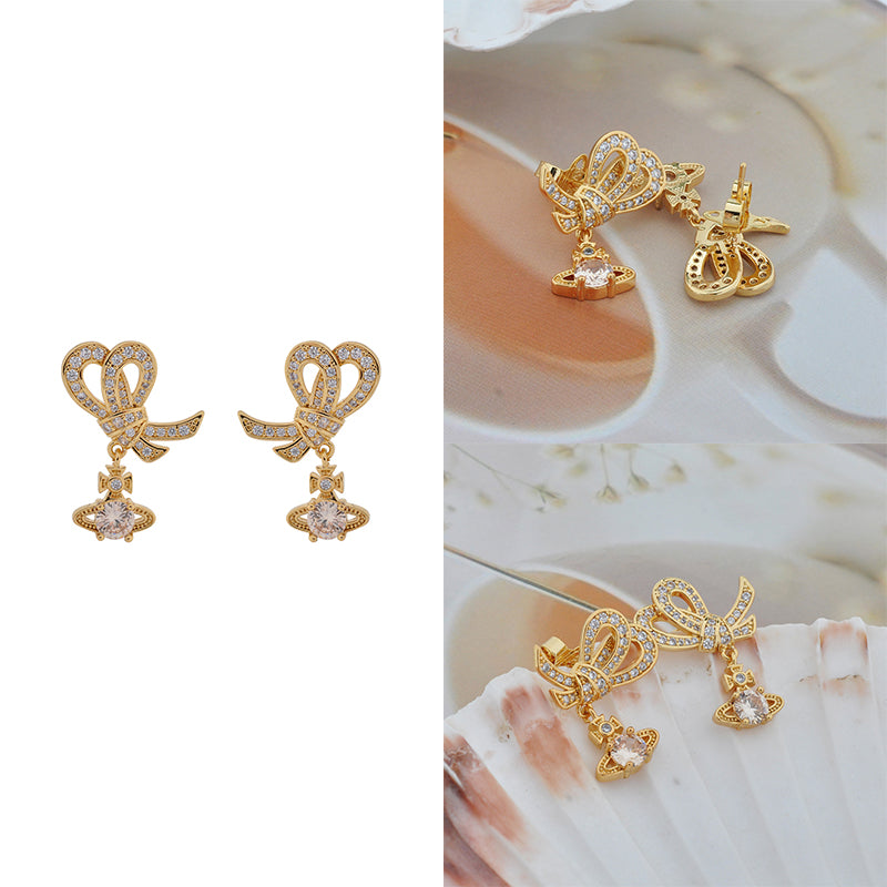 Gem Studded Bow Ribbon Mini Orb Hanging Pendant Gold & Silver Stud Earrings (2 Colors)