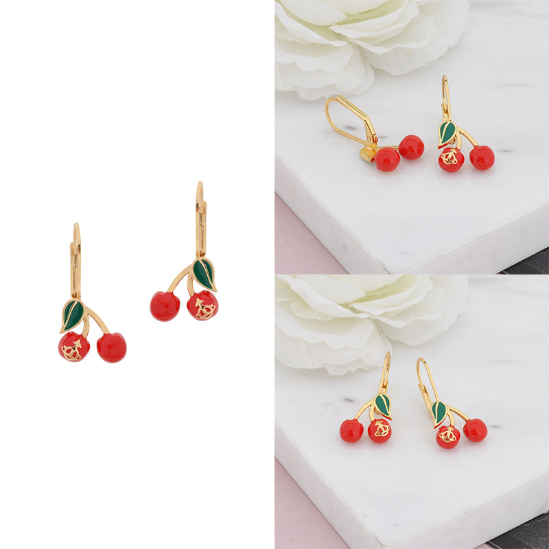 Cherry Fruit Engraved Orb Pendant Gold & Silver Earrings (2 Colors)